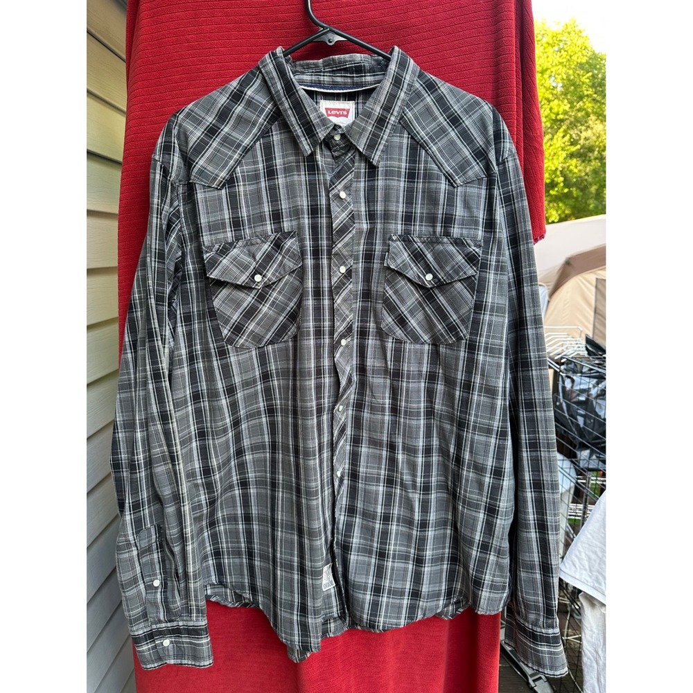 Levis Western Shirt Black Grey Plaid Pearl Snap Long Sleeve XL Regular 3LMLW0073